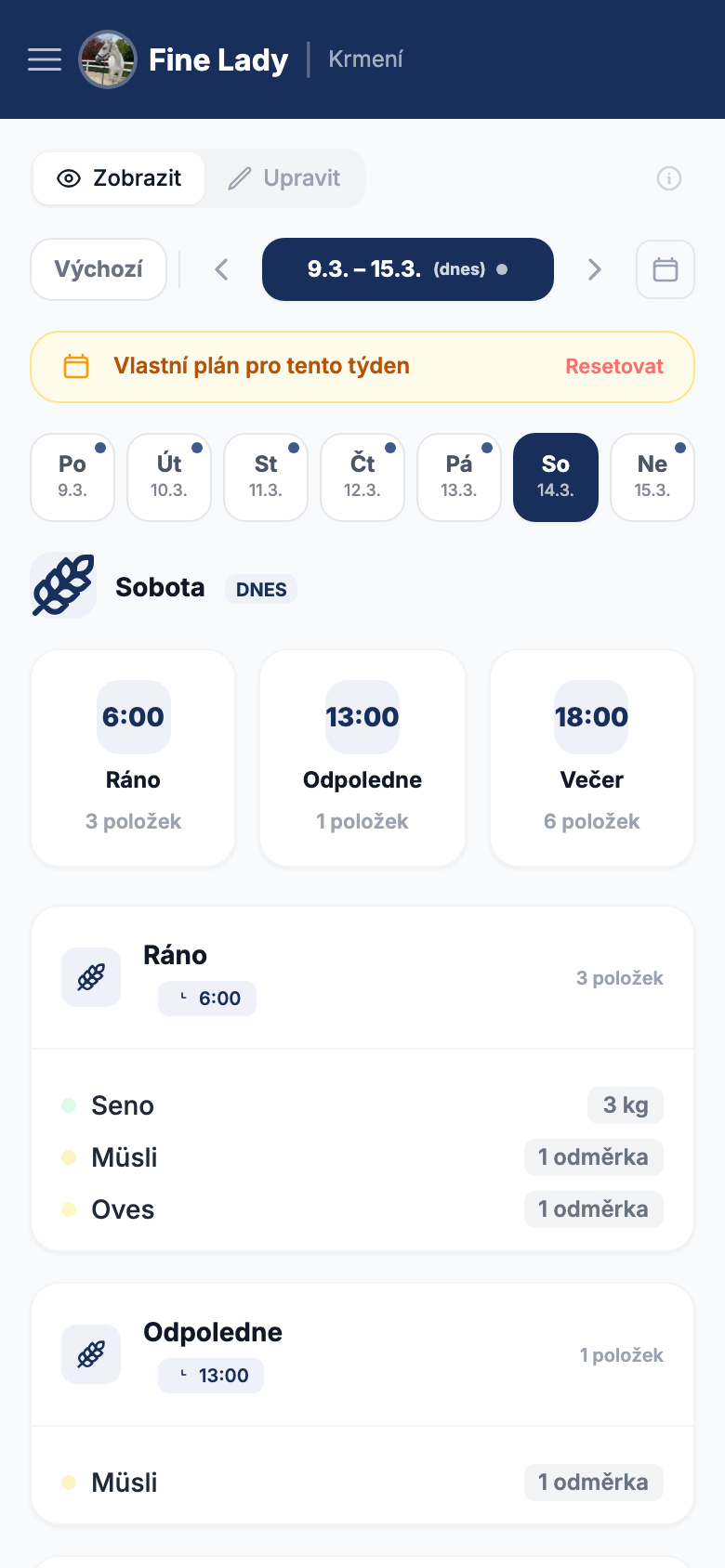 Krmení — Seno, müsli, oves — ráno, odpoledne, večer | Stable Guard Technologies