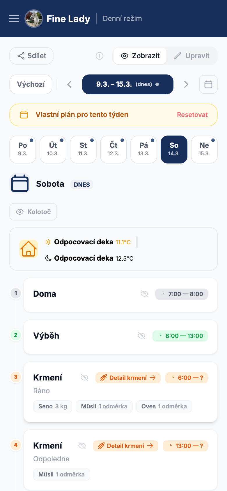 Denní režim — Krmení, výběh, deky, časy | Stable Guard Technologies
